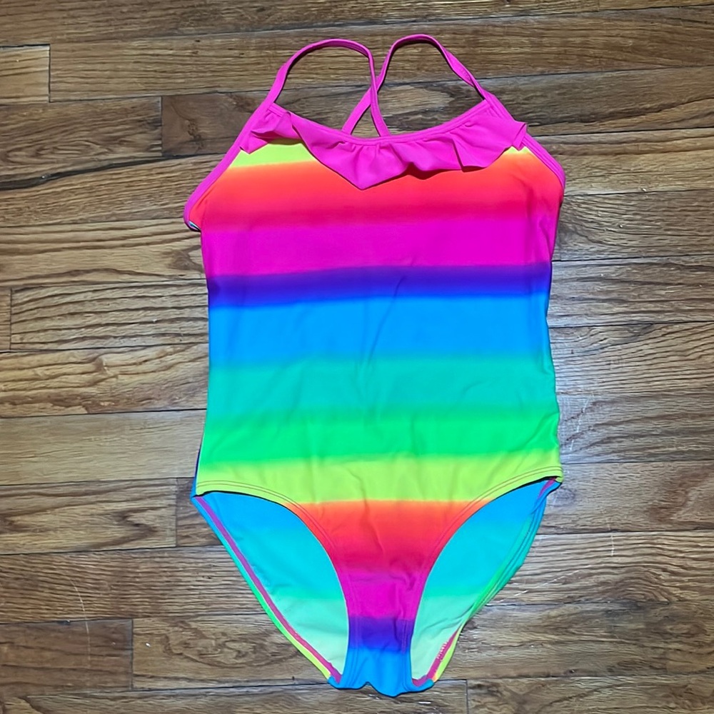 Rainbow Striped One Piece Swimsuit size Large (10/12)